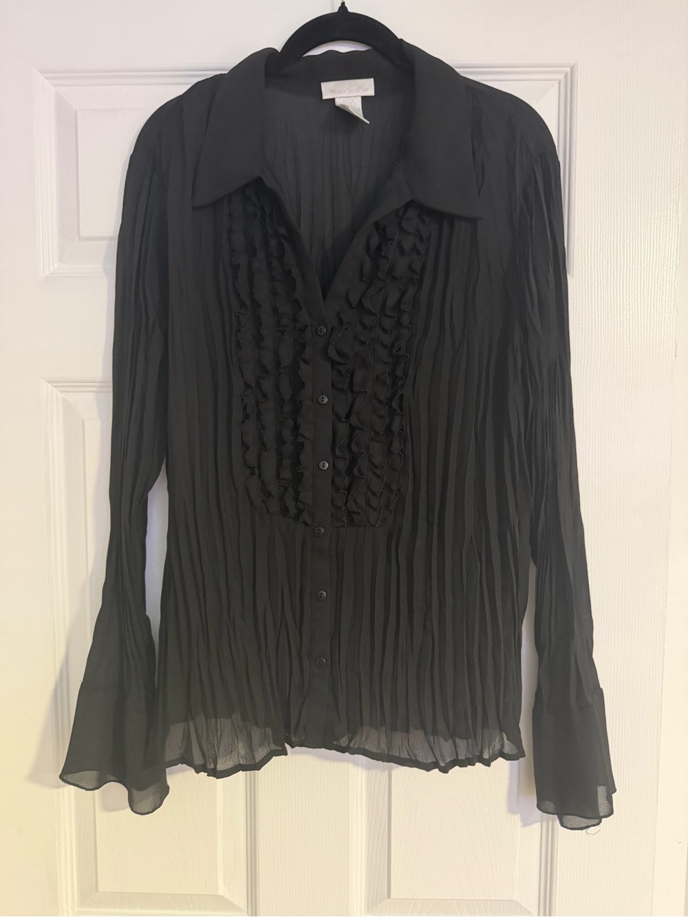 Worthington Black Sheer Ruffle-Front Long Sleeve Blouse